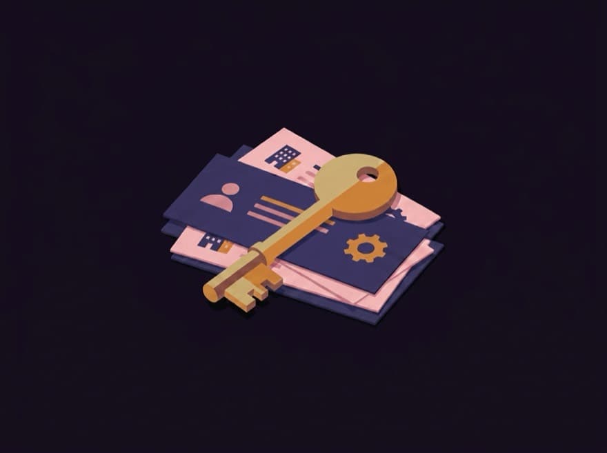 AI-generated editorial illustration: a brass key lying across a stack of CRM record cards