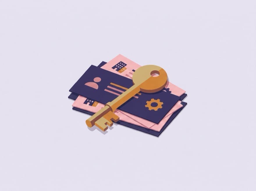 AI-generated editorial illustration: a brass key lying across a stack of CRM record cards